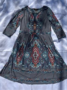 Reborn Grey Paisley Fit-and-Flare Dress with Teal & Red Accents